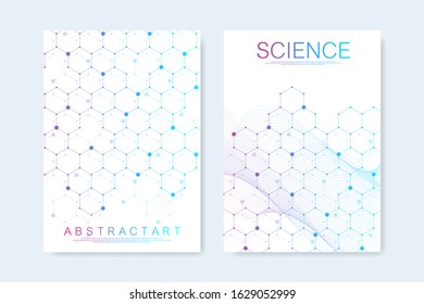 Modern vector templates for brochure, cover, banner, flyer, annual report, leaflet. Hexagonal molecular structures. Futuristic technology background in science style. Graphic hex background.