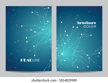 Modern vector templates for brochure cover in A4 size. Abstract geometric background with connected lines and dots. Business, science, medicine and technology design.