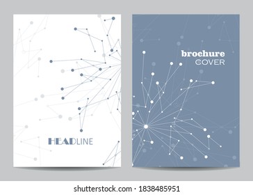 Modern vector templates for brochure cover in A4 size. Abstract geometric background with connected lines and dots. Business, science, medicine and technology design.