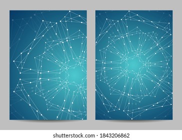 Modern vector templates for brochure cover in A4 size. Abstract geometric background with connected lines and dots. Business, science, medicine and technology design.