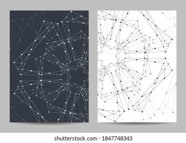 Modern vector templates for brochure cover in A4 size. Abstract geometric background with connected lines and dots. Business, science, medicine and technology design.