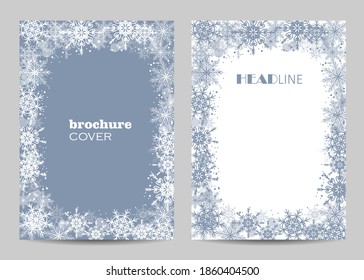 Modern vector templates for brochure cover in A4 size. Beautiful winter pattern with snowflakes