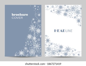 Modern vector templates for brochure cover in A4 size. Beautiful winter pattern with snowflakes and swirls.