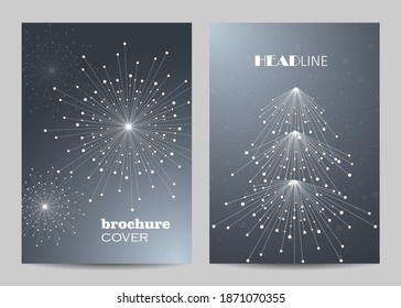 Modern vector templates for brochure cover in A4 size. White fir tree and snowflakes made of connected lines and dots.