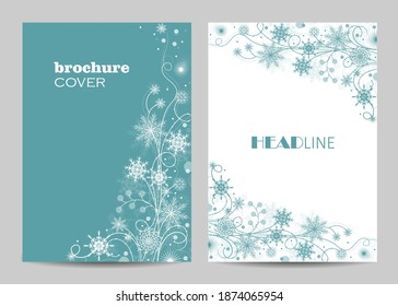 Modern vector templates for brochure cover in A4 size. Beautiful winter pattern with snowflakes