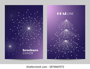 Plantillas vectoriales modernas para portafolletos de tamaño A4. Árbol de abeto blanco y copos de nieve hechos de líneas y puntos conectados.