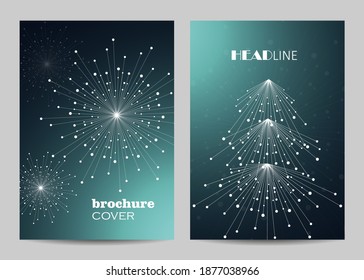 Modern vector templates for brochure cover in A4 size. White fir tree and snowflakes made of connected lines and dots.