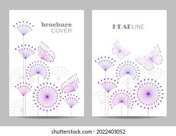 Modern vector templates for brochure cover in A4 size. Abstract geometric pattern with connected lines and dots in a shape of butterflies and flowers