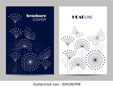 Modern vector templates for brochure cover in A4 size. Abstract geometric pattern with connected lines and dots in a shape of butterflies and flowers