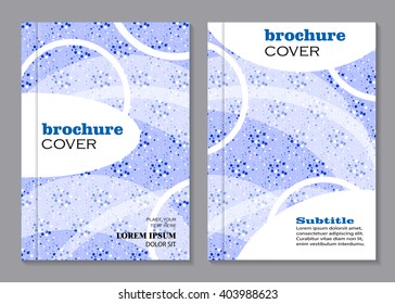 Modern vector templates for brochure cover in A4 size. White geometric pattern on blue doted background. Business, science, medicine and technology design. 