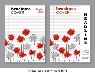 Modern vector templates for brochure cover in A4 size. Abstract red and gray poppy flowers on striped background. 