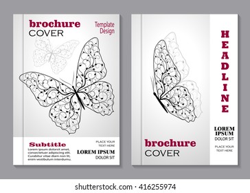 Modern vector templates for brochure cover in A4 size. Plant black pattern in a shape of a butterfly on gray background.