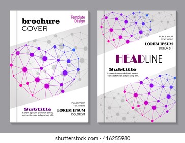 Modern vector templates for brochure cover in A4 size. Abstract colorful hearts with shadow made of connected points on gray  background. Business, science, medicine and technology design. 