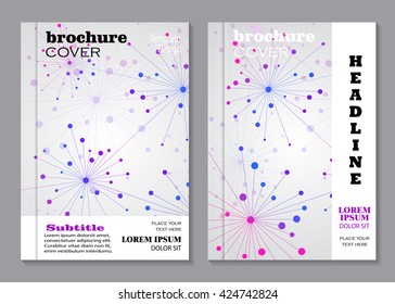 Modern vector templates for brochure cover in A4 size. Abstract geometric background with connected lines and dots. Business, science, medicine and technology design.