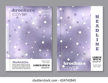 Modern vector templates for brochure cover in A4 size. Abstract violet background with connected lines and dots. Business, science, medicine and technology design.