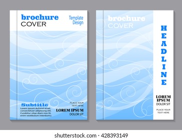 Modern vector templates for brochure cover in A4 size. Beautiful swirl pattern on blue waved background.