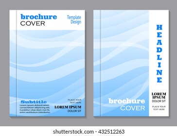 Modern vector templates for brochure cover in A4 size. Beautiful waved pattern on blue background.