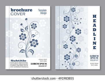 Modern vector templates for brochure cover in A4 size. Beautiful floral pattern on blue background.