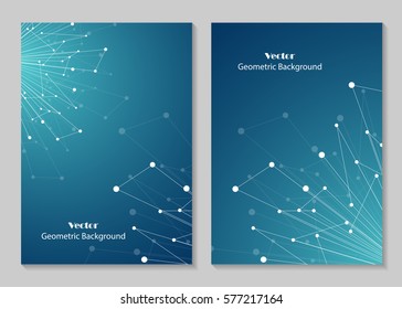 Modern vector templates for brochure cover in A4 size. Abstract geometric background with connected lines and dots. Business, science, medicine and technology design.