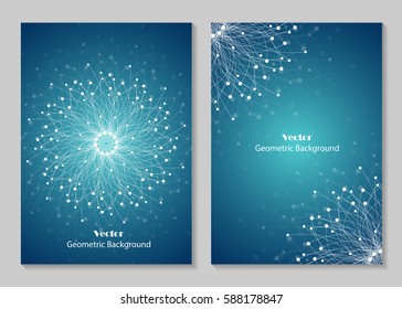 Modern vector templates for brochure cover in A4 size. Abstract geometric background with connected lines and dots. Business, science, medicine and technology design.