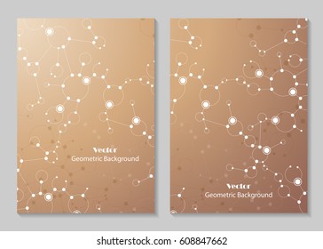 Modern vector templates for brochure cover in A4 size. Abstract geometric background with connected lines, circles and dots. Business, science, medicine and technology design.