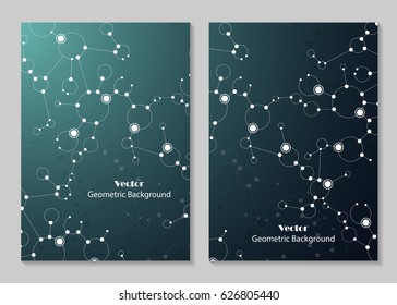 Modern vector templates for brochure cover in A4 size. Abstract geometric background with connected lines, circles and dots. Business, science, medicine and technology design.