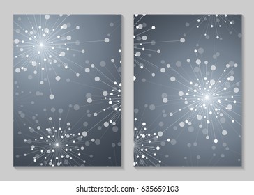 Modern vector templates for brochure cover in A4 size. Abstract geometric background with connected lines and dots in a shape of fireworks.