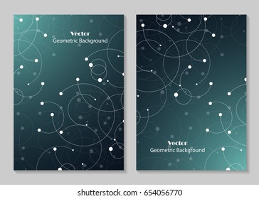 Modern vector templates for brochure cover in A4 size. Abstract geometric background with connected circles and dots. Business, science, medicine and technology design.