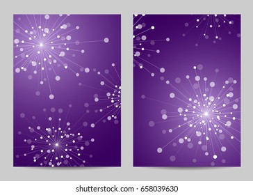 Modern vector templates for brochure cover in A4 size. Abstract geometric background with connected lines and dots in a shape of fireworks.