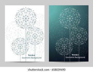 Modern vector templates for brochure cover in A4 size. Abstract geometric background with connected lines and dots in a shape of flowers.