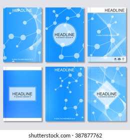 Modern vector templates for brochure, flyer, cover magazine or report in A4 size. Molecule structure and communication, Science vector background.