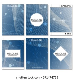 Modern vector templates for brochure, flyer, cover magazine or report in A4 size. Molecule structure and communication on the blue background.