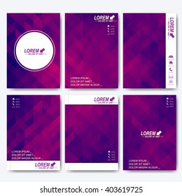 Modern vector templates for brochure, flyer, cover magazine or report in A4 size. Business, science, medicine and technology design . Background with purple triangles.