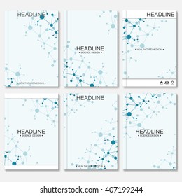 Modern vector templates for brochure, flyer, cover magazine or report in A4 size. Molecule structure and communication on the blue background.