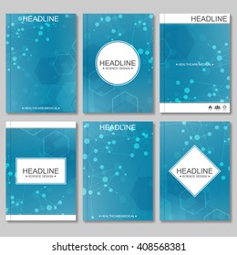 Modern vector templates for brochure, flyer, cover magazine or report in A4 size. Molecule structure and communication on the blue background.