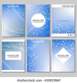 Modern vector templates for brochure, flyer, cover magazine or report in A4 size. Molecule structure and communication on the blue background.