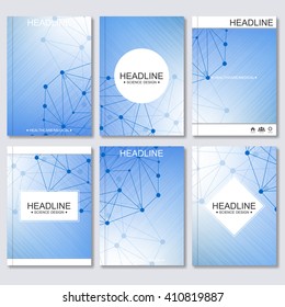Modern vector templates for brochure, flyer, cover magazine or report in A4 size. Molecule structure and communication on the blue background.