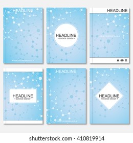 Modern vector templates for brochure, flyer, cover magazine or report in A4 size. Molecule structure and communication on the blue background.