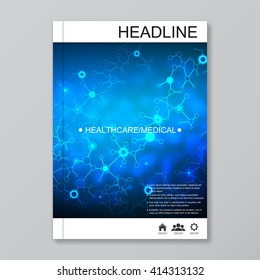 Modern vector templates for brochure, flyer, cover magazine or report in A4 size. Molecule structure and communication on the blue background.