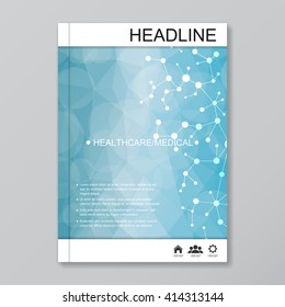 Modern vector templates for brochure, flyer, cover magazine or report in A4 size. Molecule structure and communication on the blue background.