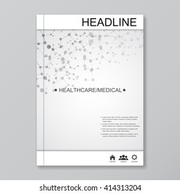 Modern vector templates for brochure, flyer, cover magazine or report in A4 size. Molecule structure and communication on the gray background.