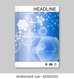 Modern vector templates for brochure, flyer, cover magazine or report in A4 size. Molecule structure and communication, Science vector background.