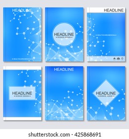 Modern vector templates for brochure, flyer, cover magazine or report in A4 size. Molecule structure and communication, Science vector background.