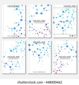 Modern vector templates for brochure, flyer, cover magazine or report in A4 size. Molecule structure and communication on the blue background..