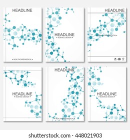 Modern Vector Templates For Brochure, Flyer, Cover Magazine Or Report In A4 Size. Molecule Structure And Communication On The Blue Background..