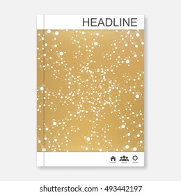 Modern vector templates for brochure, flyer, cover magazine or report in A4 size. Molecule structure and communication on the gold background..