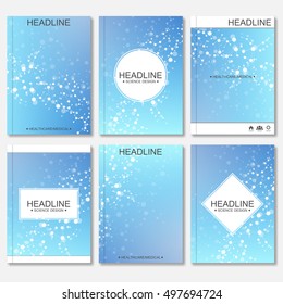 Modern vector templates for brochure, flyer, cover magazine or report in A4 size. Molecule structure and communication on the blue background..
