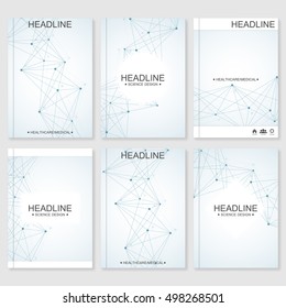 Modern vector templates for brochure, flyer, cover magazine or report in A4 size. Molecule structure and communication on the blue background..