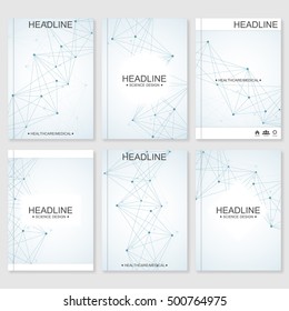 Modern vector templates for brochure, flyer, cover magazine or report in A4 size. Molecule structure and communication on the blue background..