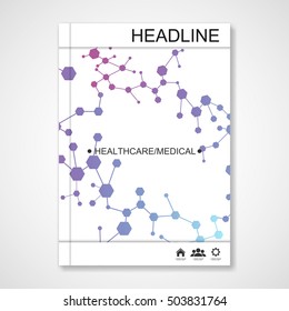 Modern vector templates for brochure, flyer, cover magazine or report in A4 size. Molecule structure and communication on the blue background..